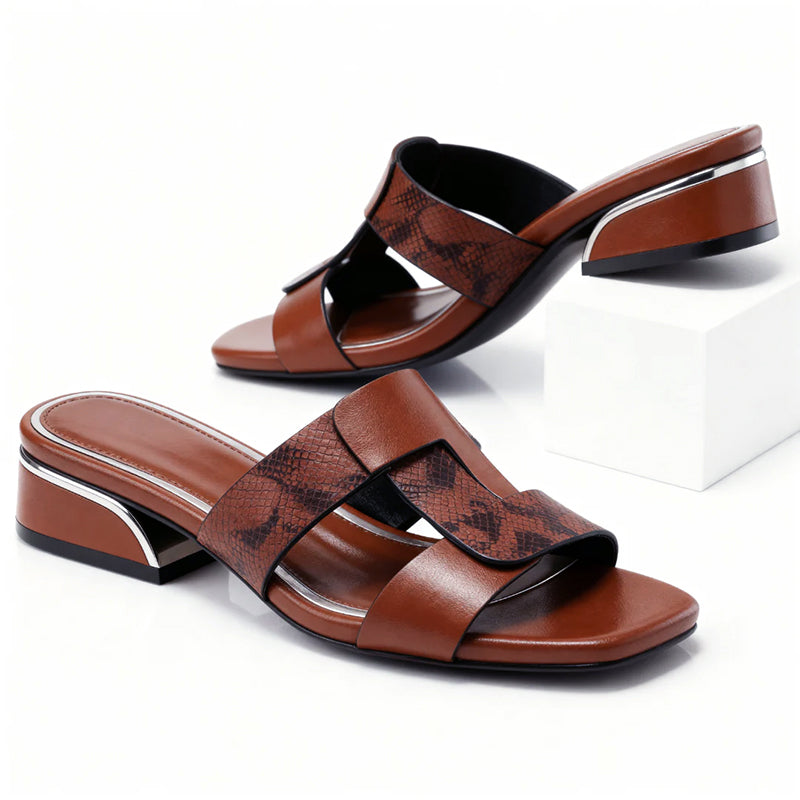Womens Smooth Leather T-Strap Sandals | Elegant Snake Print Design for Summer 5