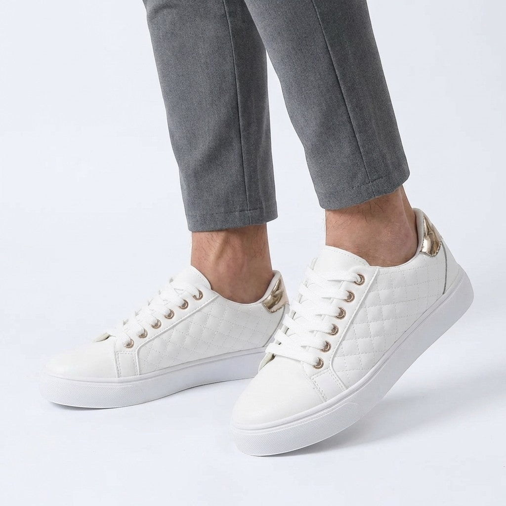 Women's Smooth Quilted Lace-Up Sneakers | Stylish Low-Top White Casual Shoes 0
