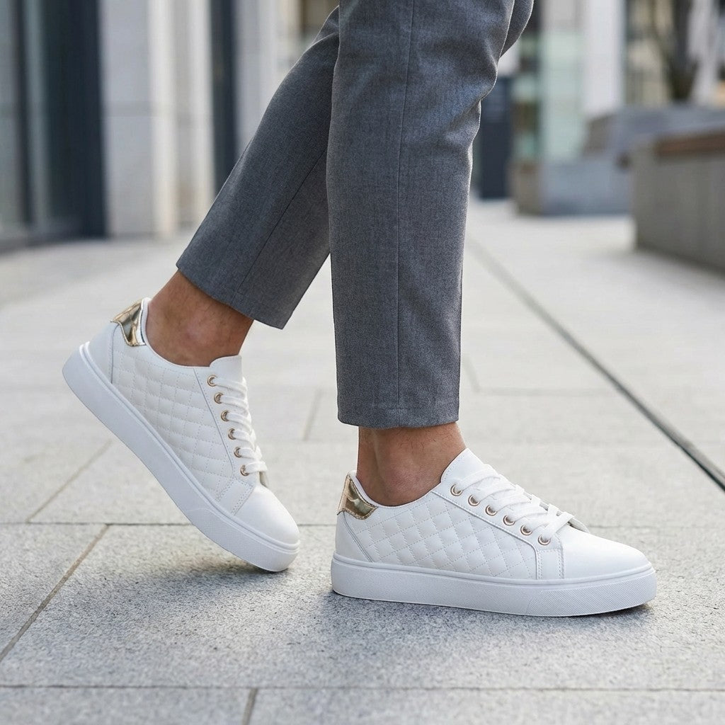 Women's Smooth Quilted Lace-Up Sneakers | Stylish Low-Top White Casual Shoes 2