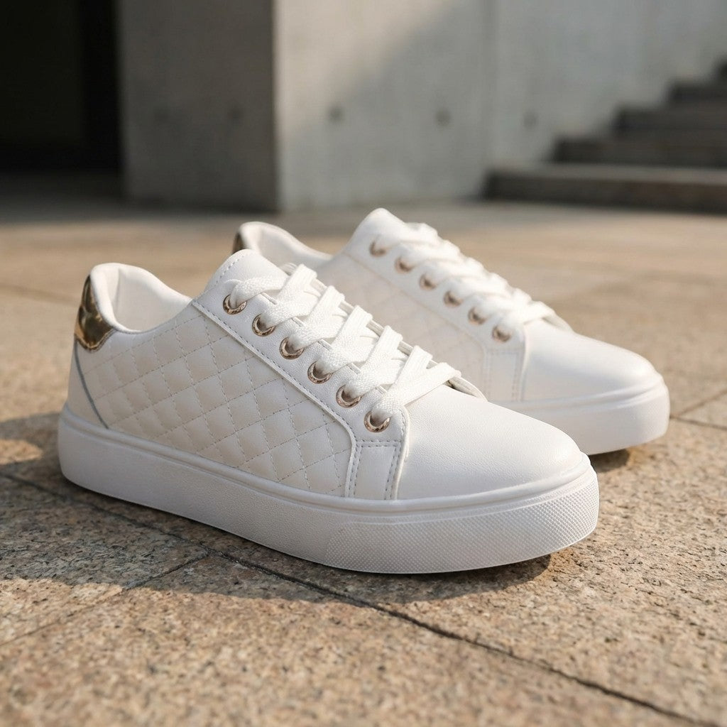 Women's Smooth Quilted Lace-Up Sneakers | Stylish Low-Top White Casual Shoes 4