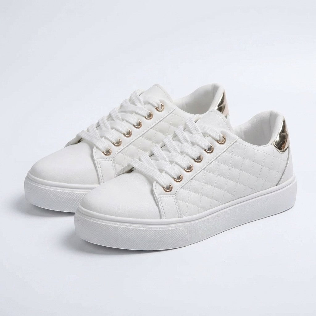 Women's Smooth Quilted Lace-Up Sneakers | Stylish Low-Top White Casual Shoes 6