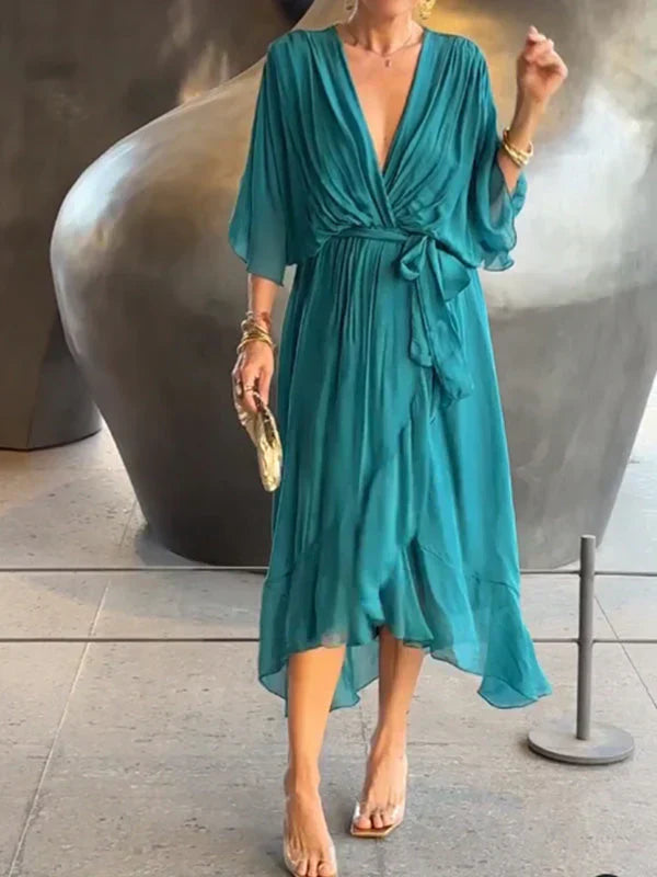 Women's Soft Draped Midi Dress | Elegant V-Neck Summer Cocktail Dress 4
