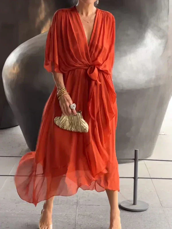 Women's Soft Draped Midi Dress | Elegant V-Neck Summer Cocktail Dress 9