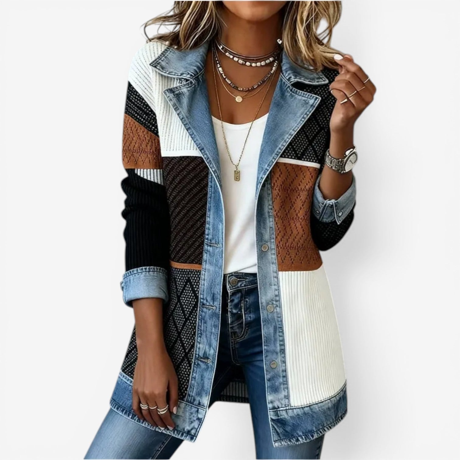 Women's Soft Rib Knit Blazer | Modern Contrast Denim Cardigan | Stylish Open-Front Layering Piece 2