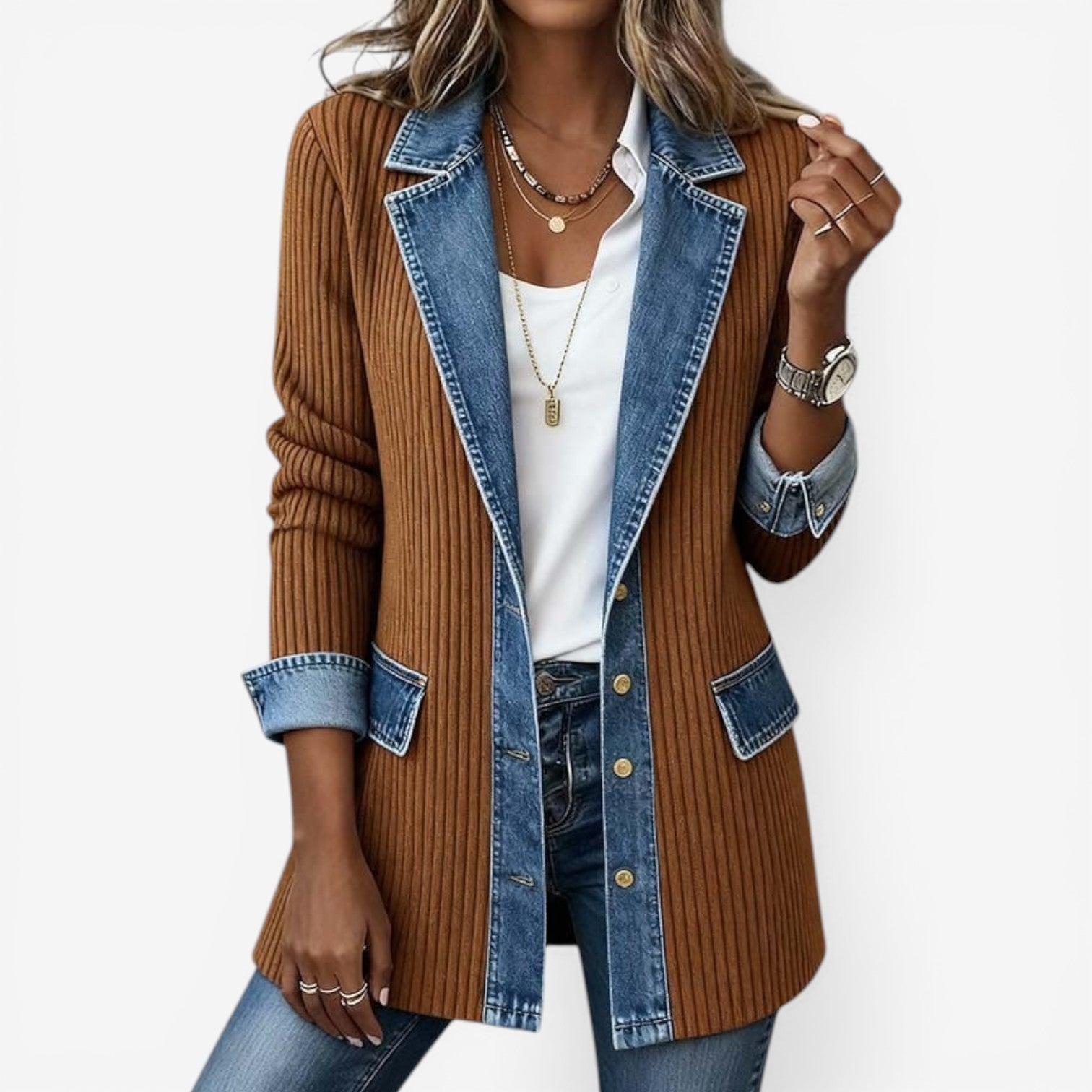 Women's Soft Rib Knit Blazer | Modern Contrast Denim Cardigan | Stylish Open-Front Layering Piece 3