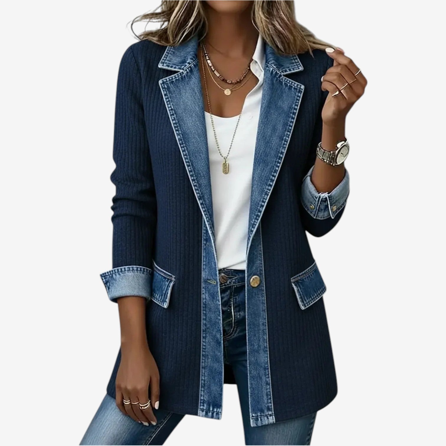 Women's Soft Rib Knit Blazer | Modern Contrast Denim Cardigan | Stylish Open-Front Layering Piece 5