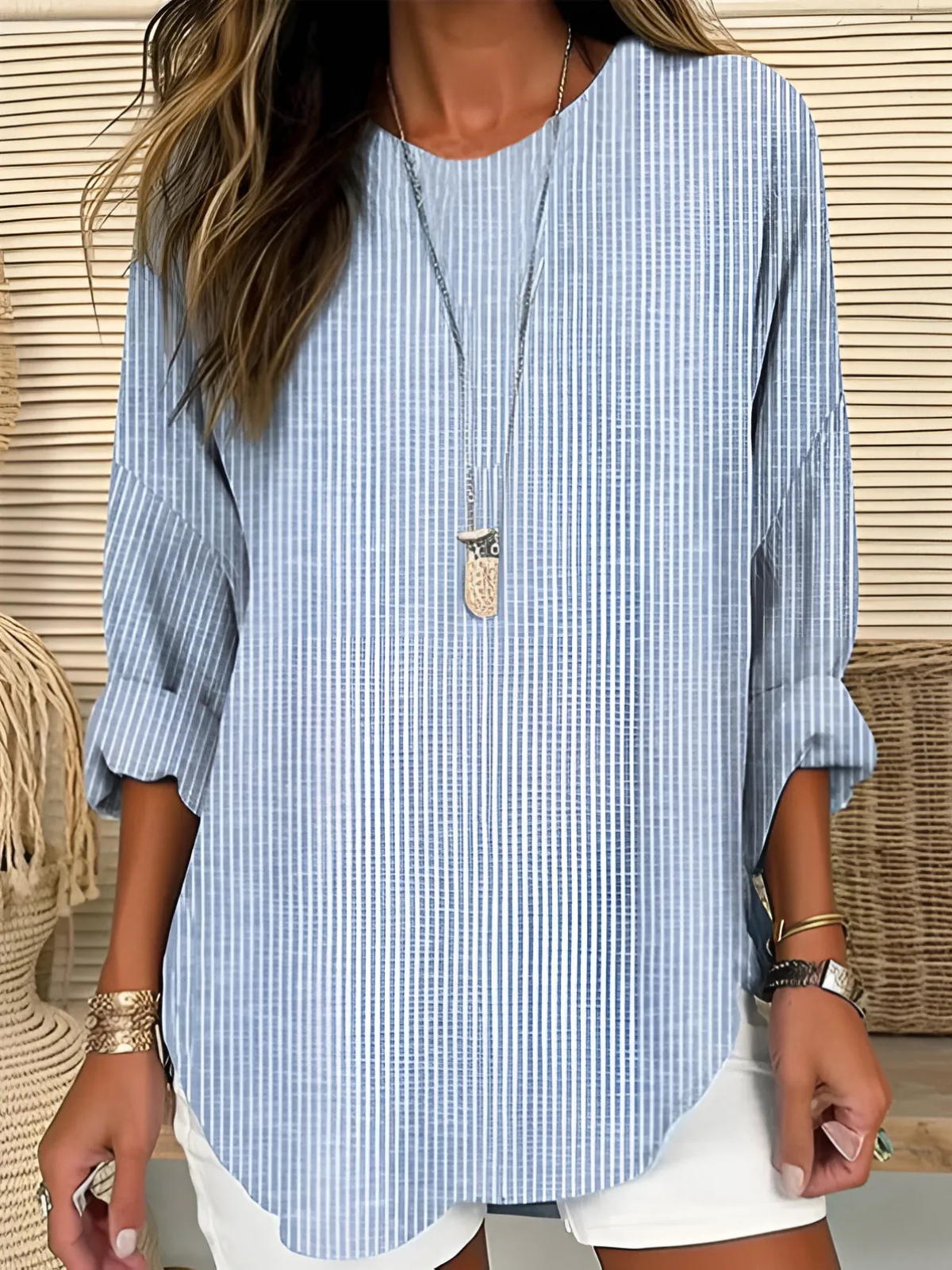 Women's Soft Striped Blouse | Relaxed Fit Crew Neck Top 0