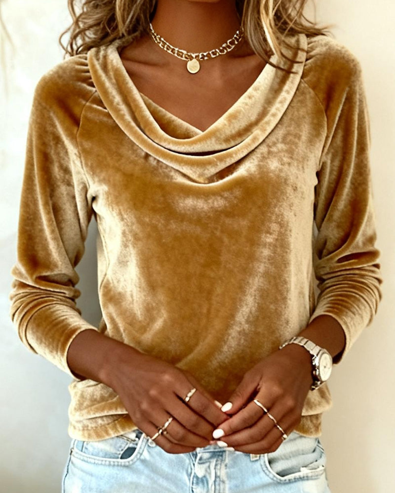 Women's Soft Velor Blouse | Draped Neck Long Sleeve Top | Elegant Casual Wear 0