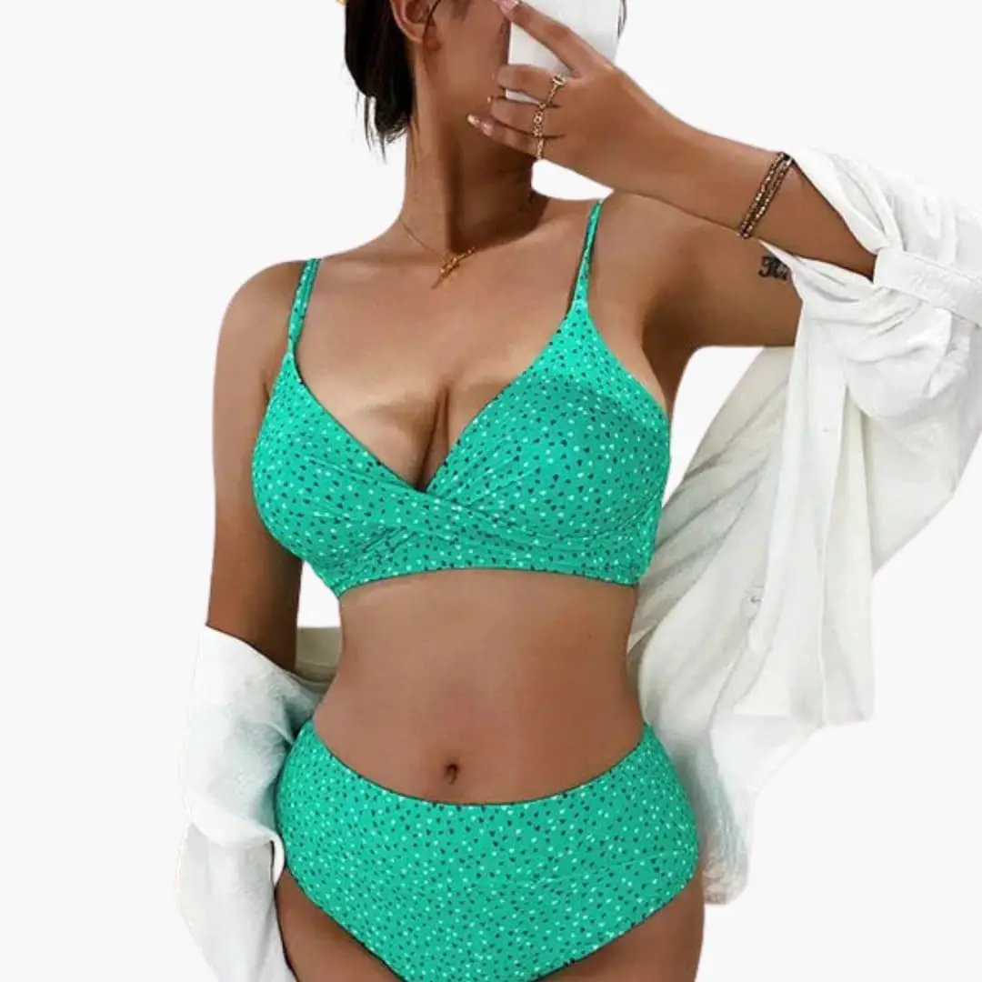 Womens Stretch Fabric High-Waisted Bikini Set | Scoop Neck Two-Piece Swimwear 12
