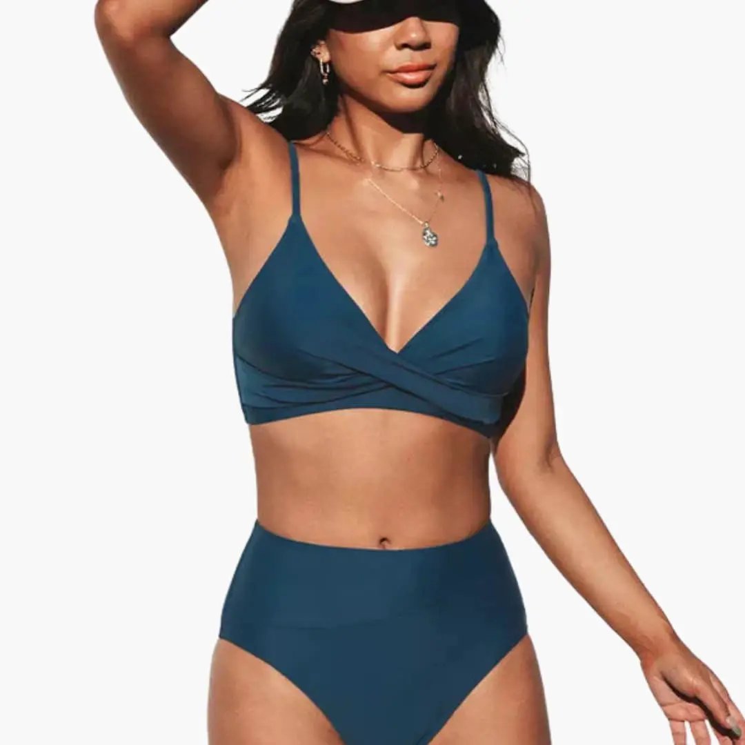 Womens Stretch Fabric High-Waisted Bikini Set | Scoop Neck Two-Piece Swimwear 5