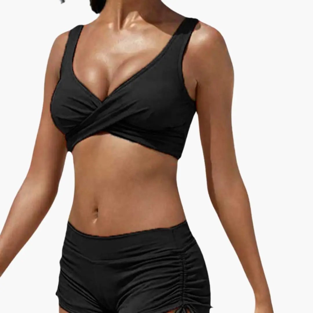 Womens Stretch Fabric Twist Front Bikini Set | Stylish Mid-Rise Swim Shorts for Summer 3