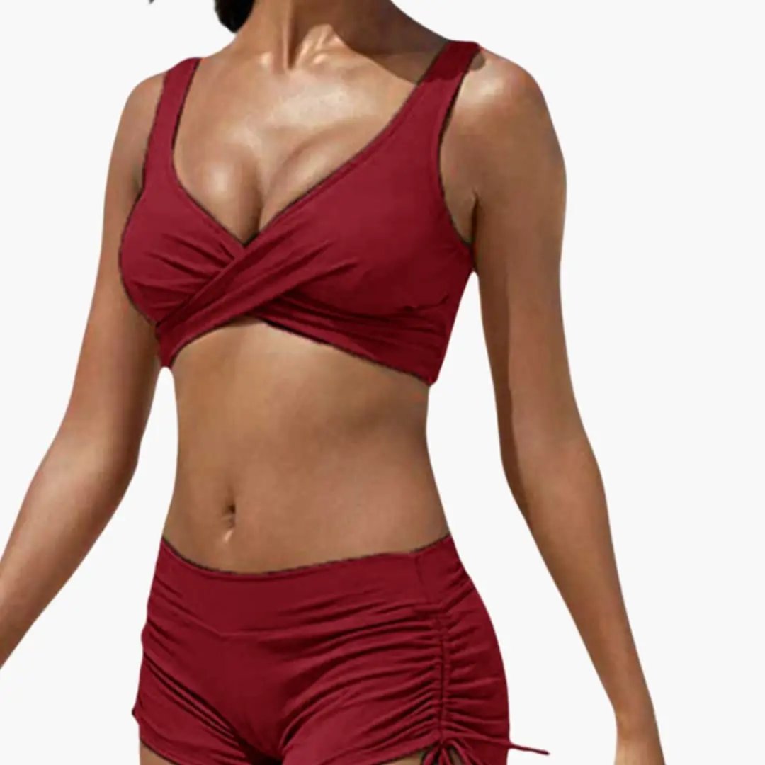 Womens Stretch Fabric Twist Front Bikini Set | Stylish Mid-Rise Swim Shorts for Summer 4