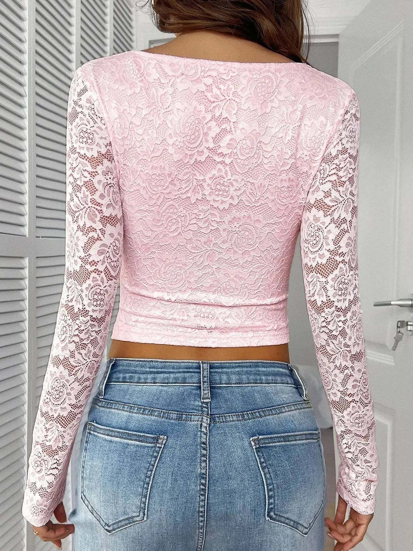 Women's Stretch Lace Crop Top | Floral Scalloped V Neck Blouse 1