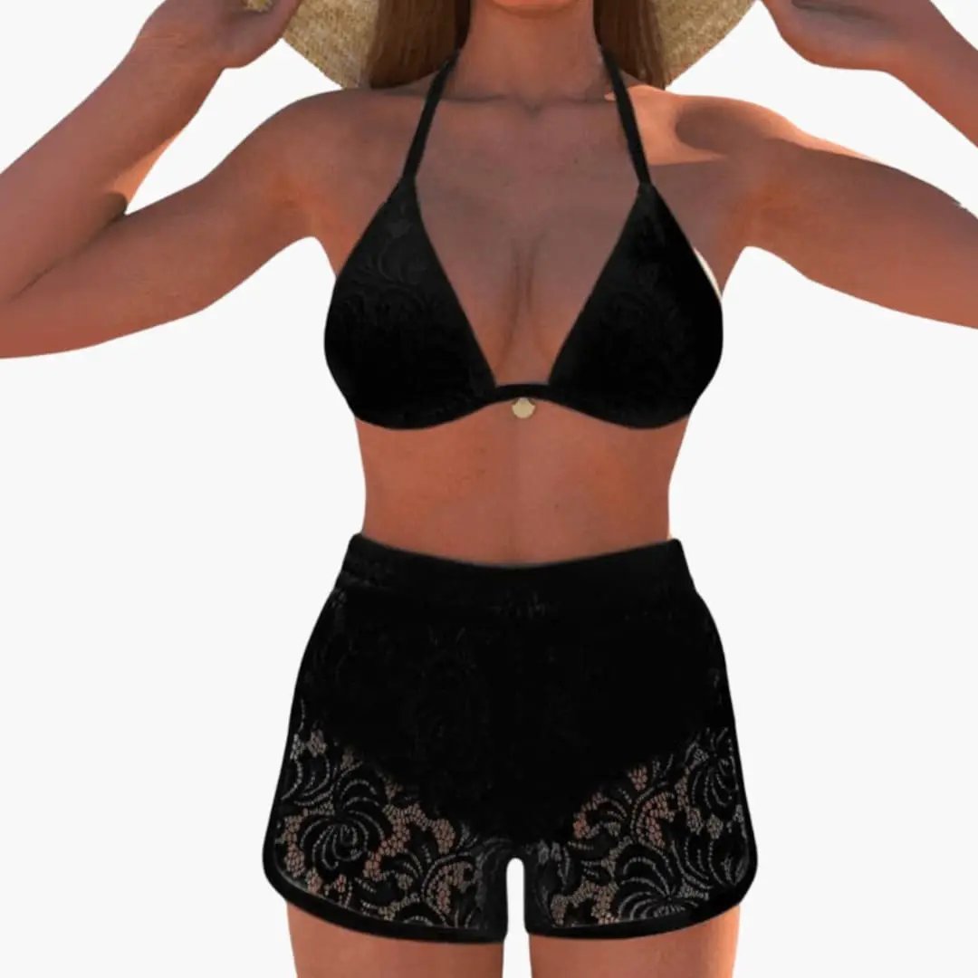 Womens Stretch Lace Trim Halter Bikini Set | Elegant Two-Piece Swimwear for Summer 1
