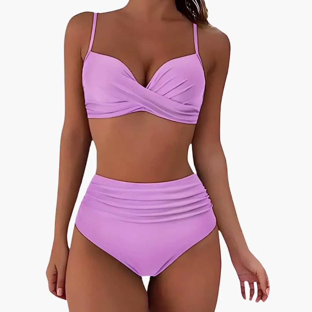 Womens Stretchy High-Waisted Bikini Set | Adjustable Scoop Neck Swimwear 5