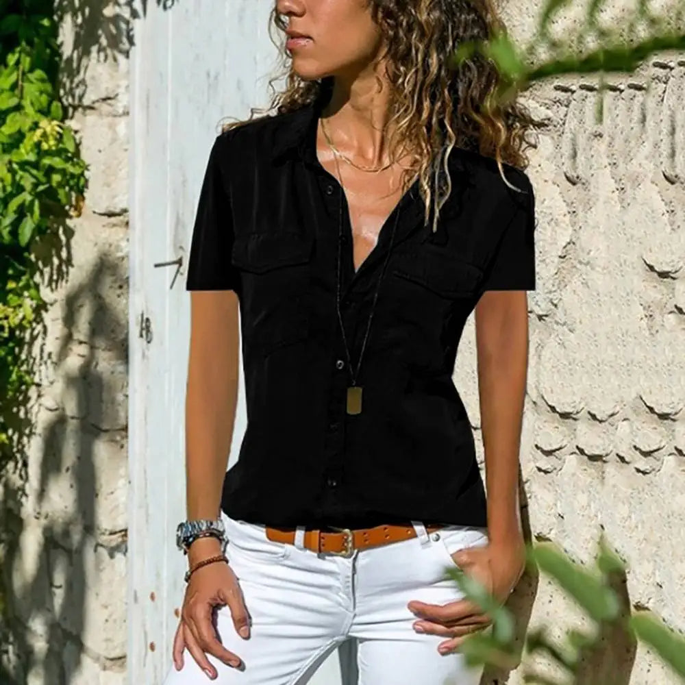 Women's Structured Cotton Blend Blouse | Tailored Short Sleeve Top with Practical Pockets 2