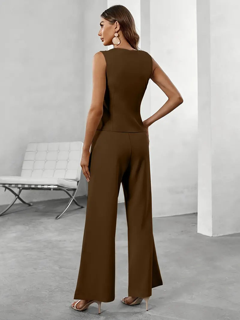 Womens Structured Polyester Pant Suit | Sleek Blazer Top Wide-Leg Trousers 6