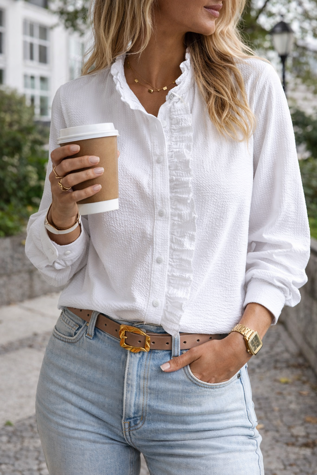 Womens Textured White Blouse | Elegant Long Sleeve Top with Ruffle Detail 3