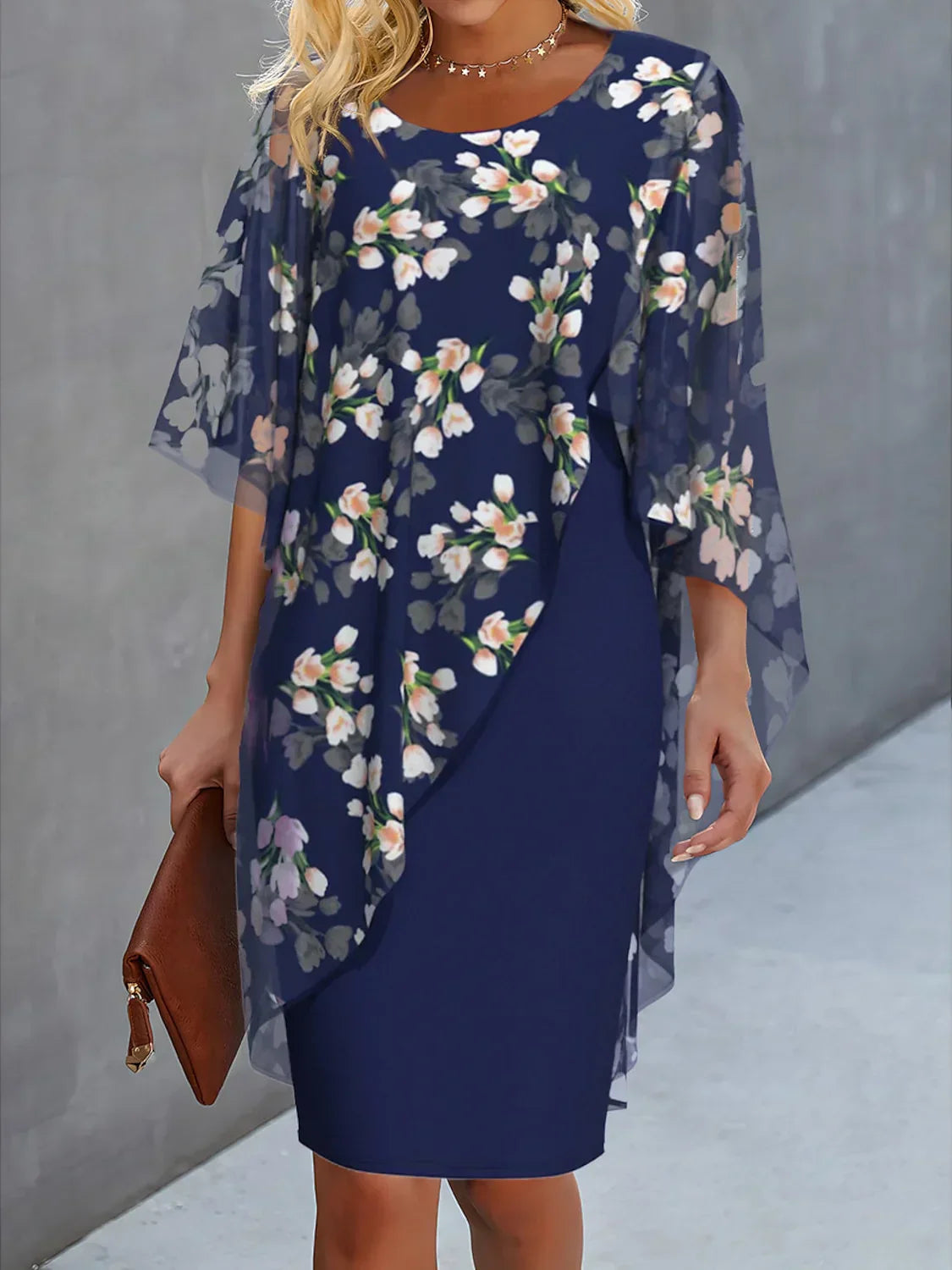 Women's wedding guest dress with chiffon cape and floral print 0