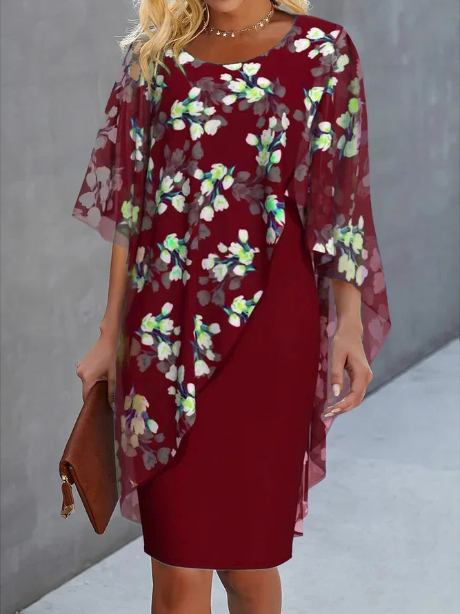 Women's wedding guest dress with chiffon cape and floral print 4