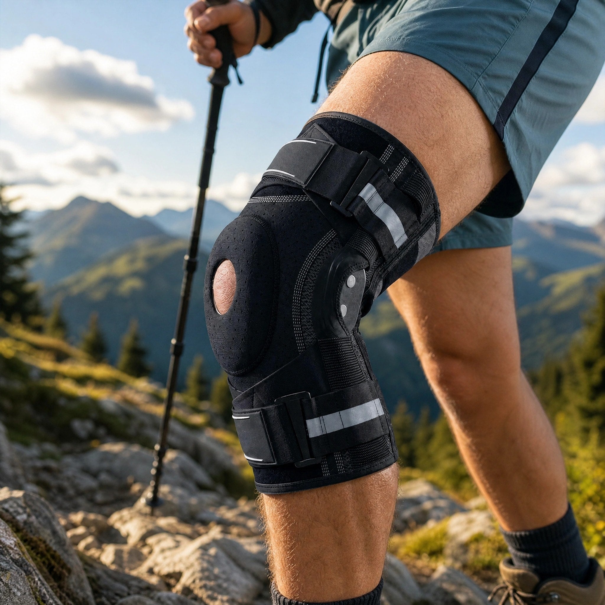 Adjustable Knee Brace with Side Stabilizers and Open Patella Support