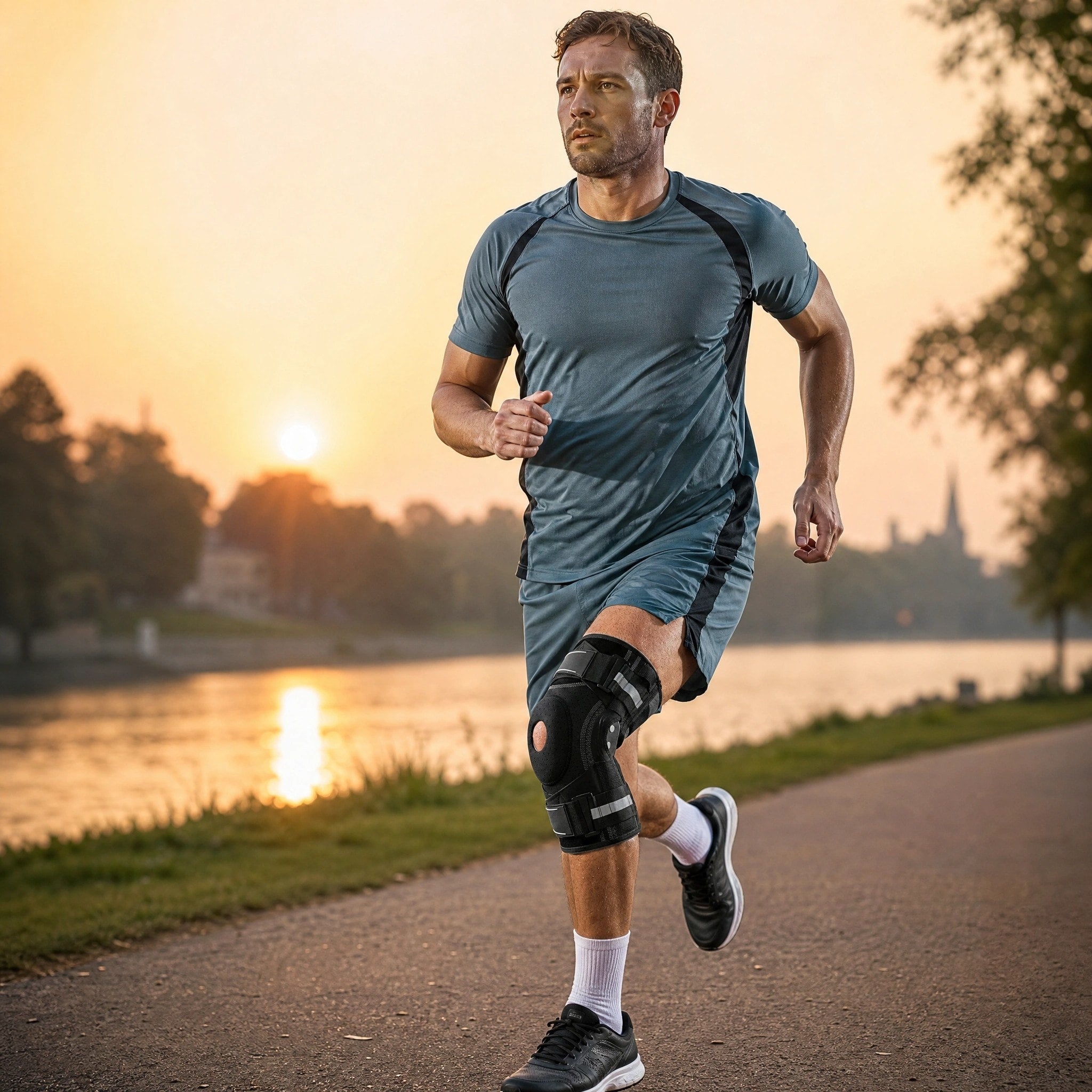 Adjustable Knee Brace with Side Stabilizers and Open Patella Support