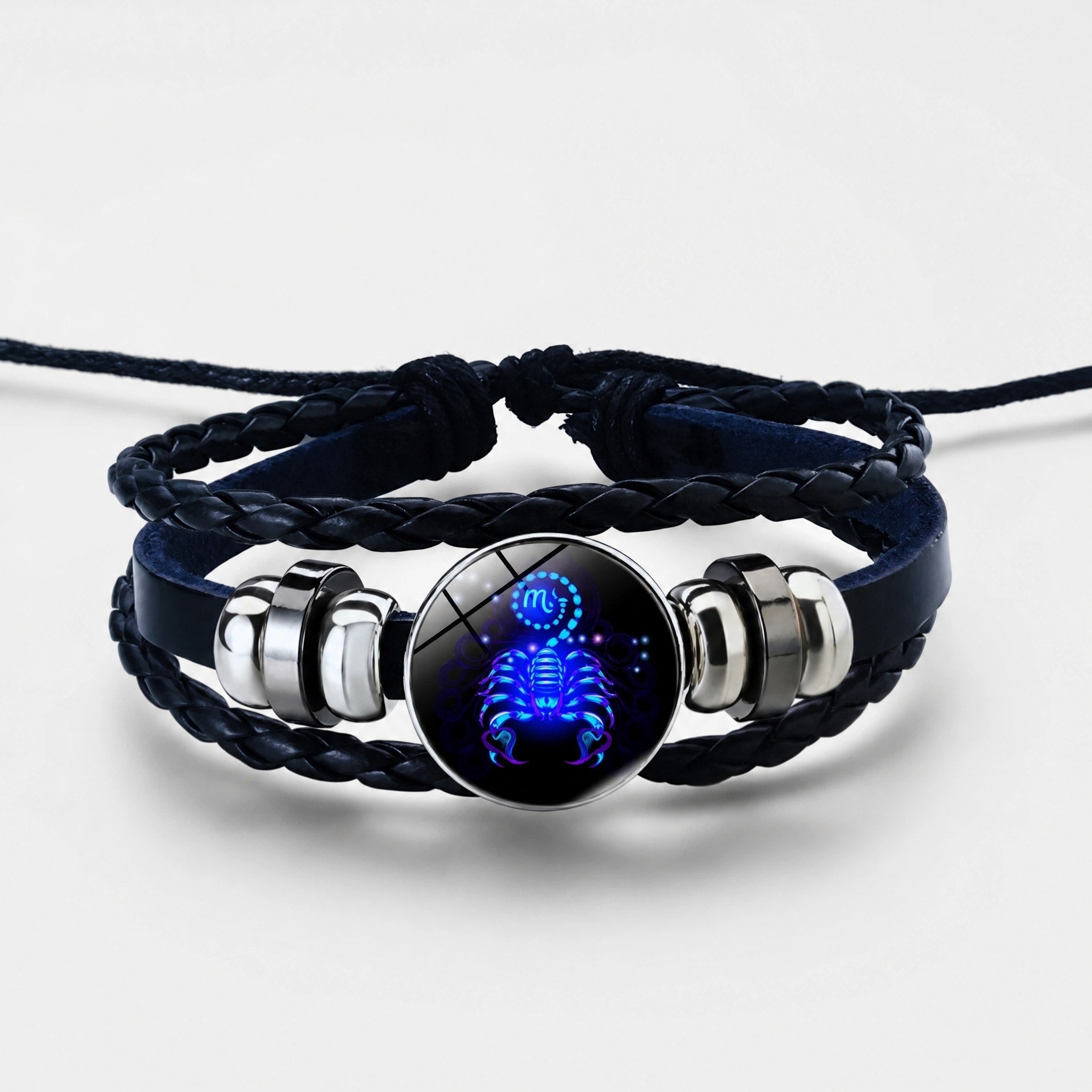 Bracelet Zodiaque Ajustable avec Bracelet en Cuir Tressé et Charme Zodiaque