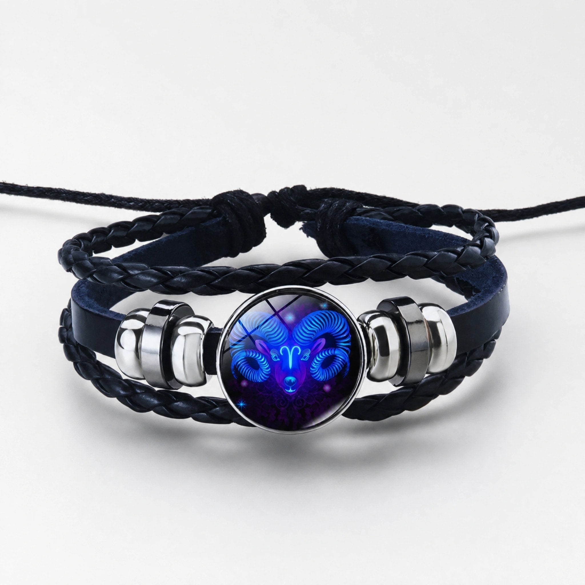 Bracelet Zodiaque Ajustable avec Bracelet en Cuir Tressé et Charme Zodiaque