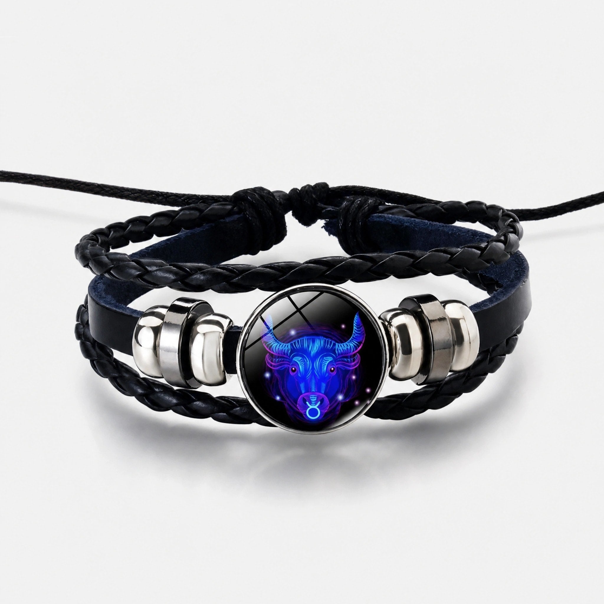 Bracelet Zodiaque Ajustable avec Bracelet en Cuir Tressé et Charme Zodiaque