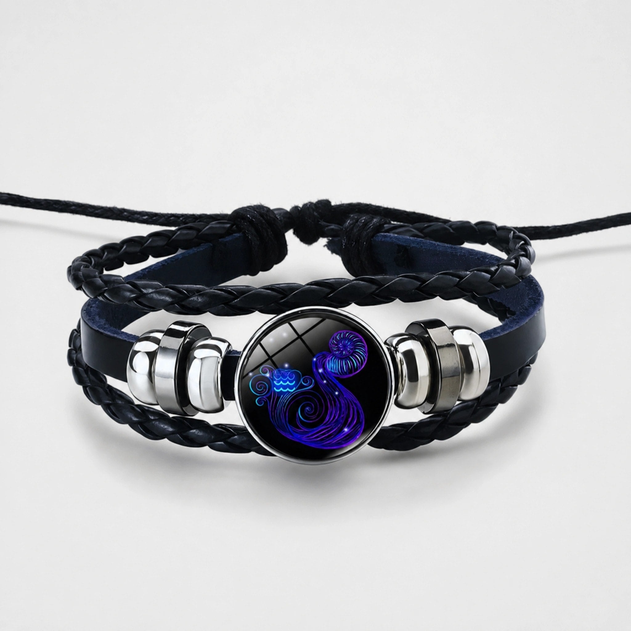 Bracelet Zodiaque Ajustable avec Bracelet en Cuir Tressé et Charme Zodiaque
