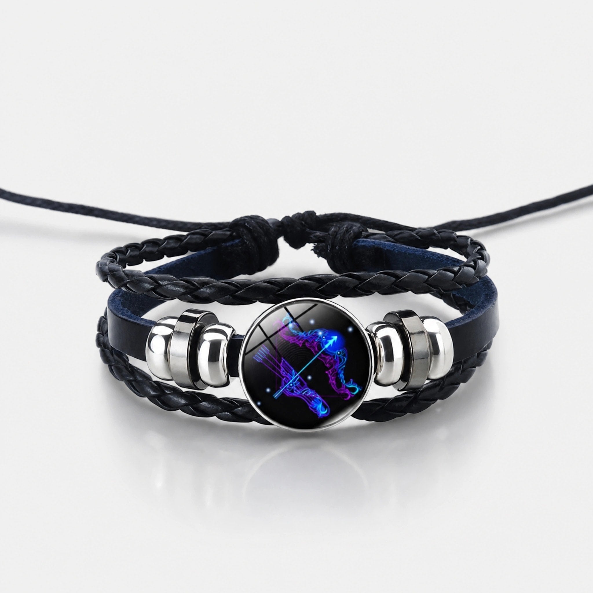 Bracelet Zodiaque Ajustable avec Bracelet en Cuir Tressé et Charme Zodiaque