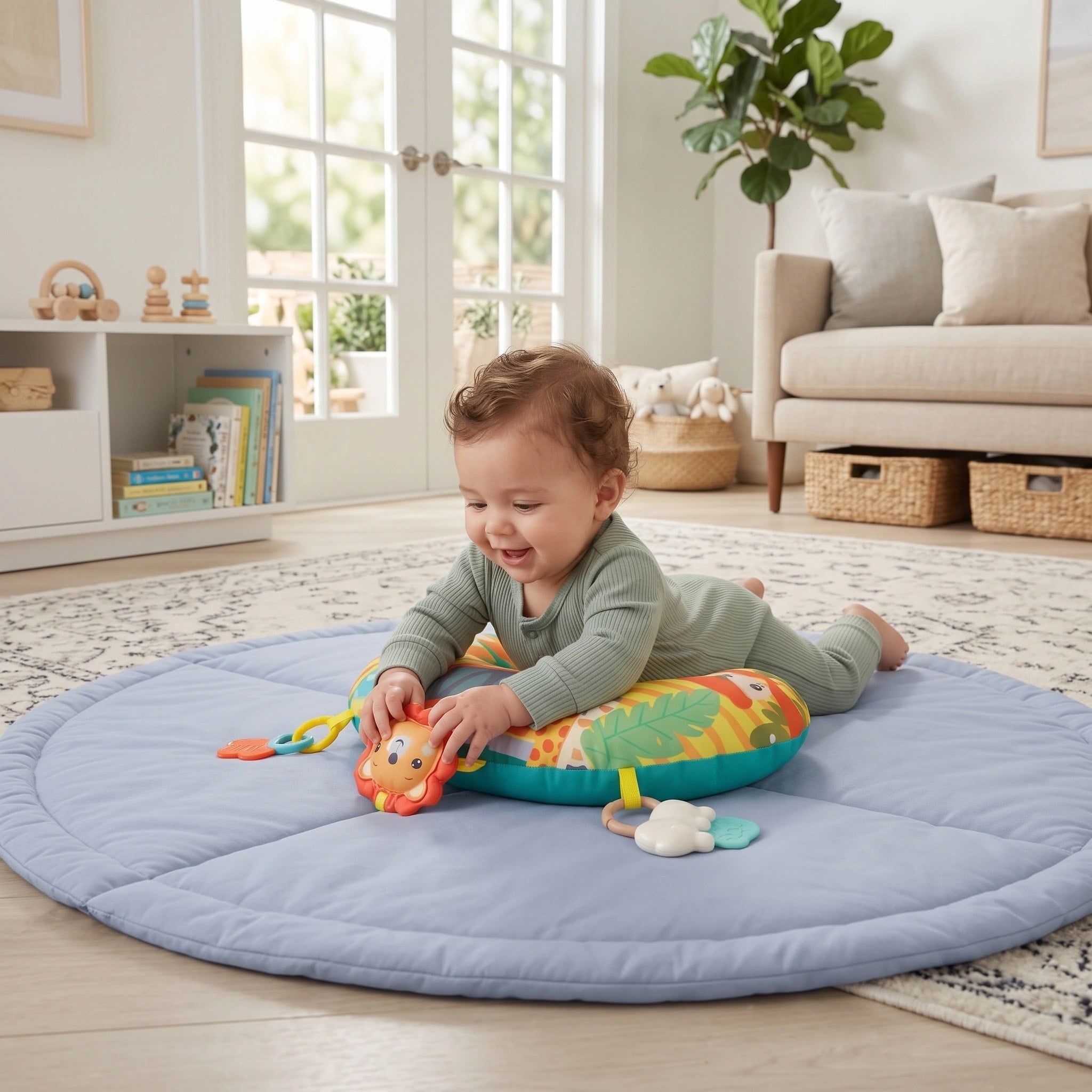 Coussin de soutien pour bébé en position sur le ventre avec arche de jeu, jouets sensoriels et tapis d'activité