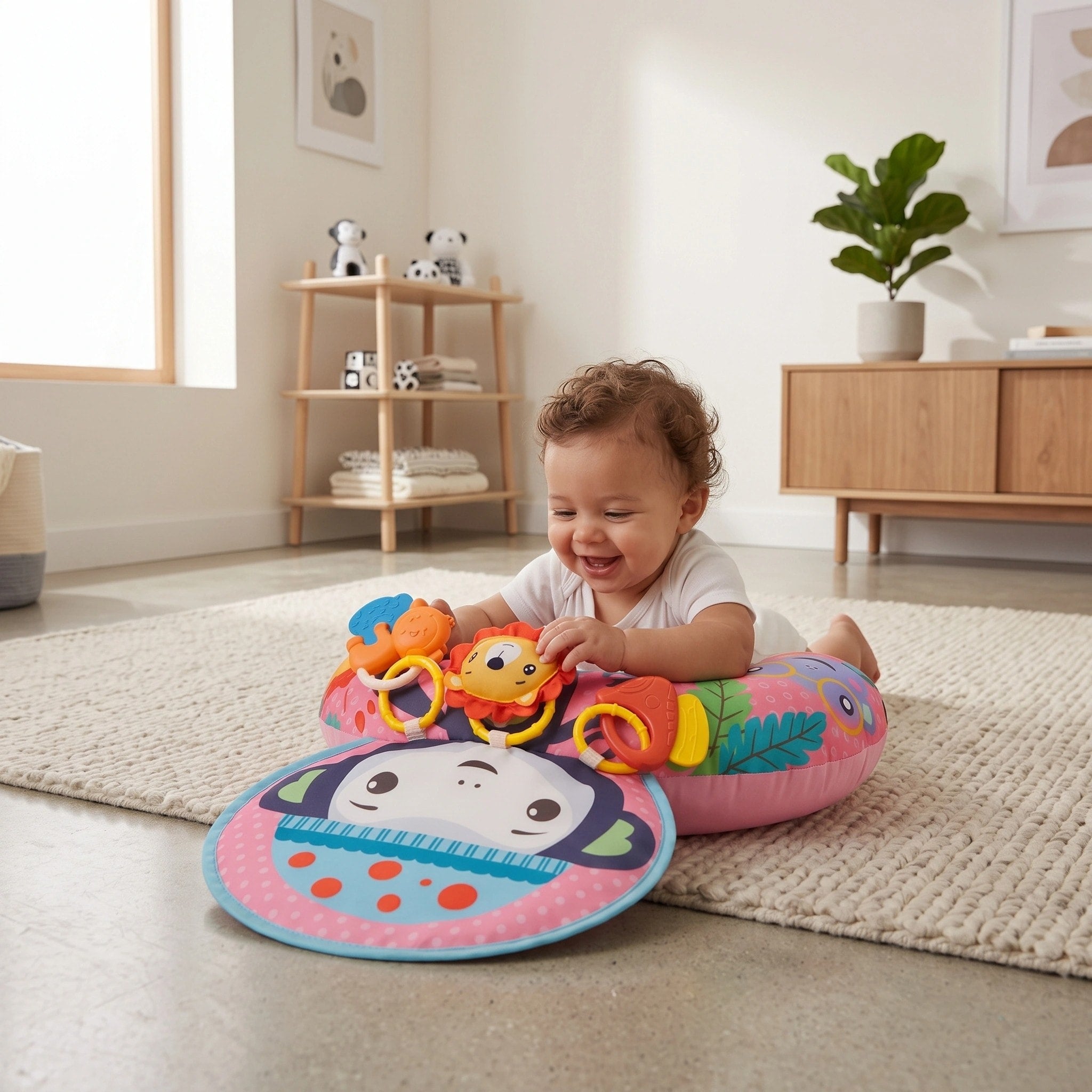 Coussin de soutien pour bébé en position sur le ventre avec arche de jeu, jouets sensoriels et tapis d'activité