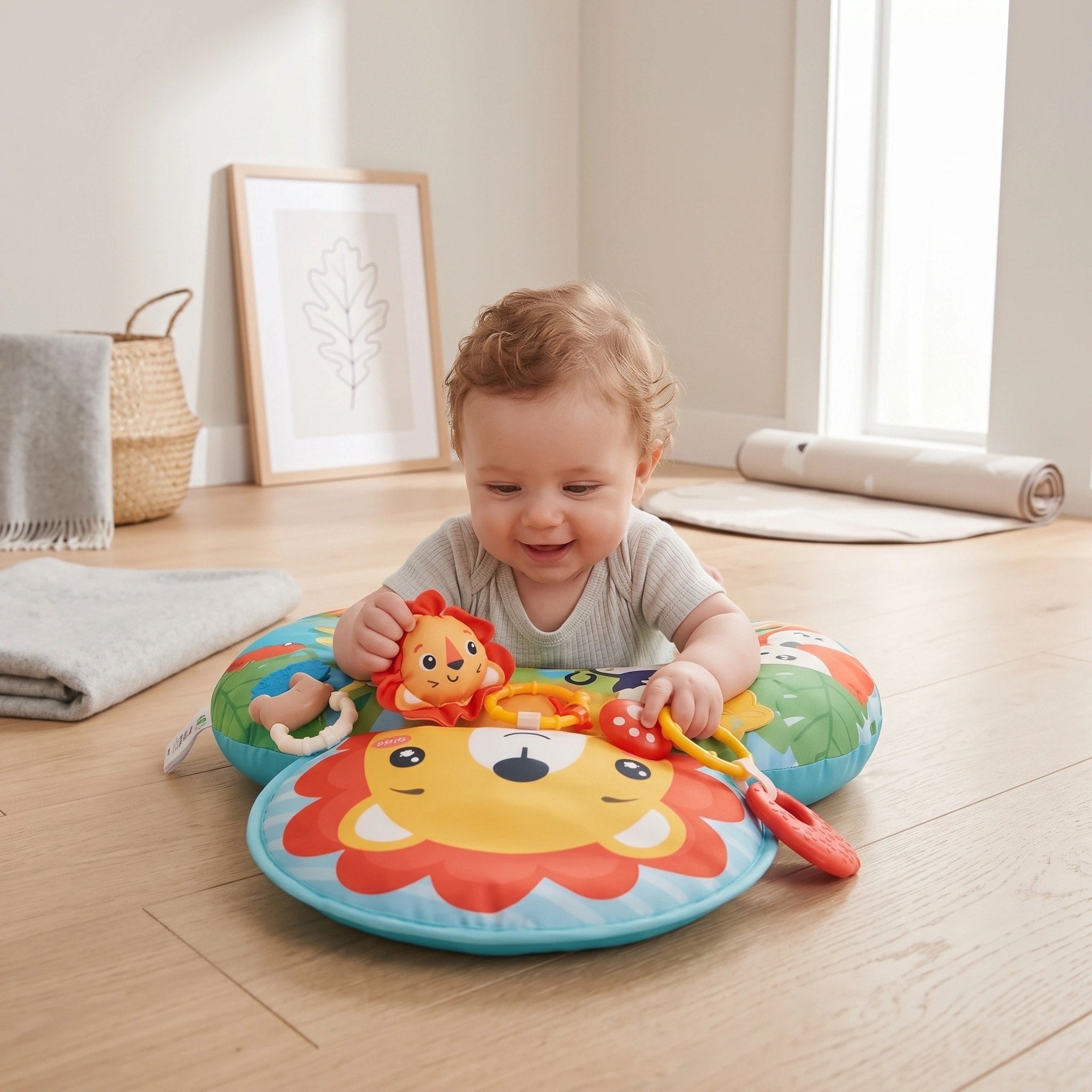 Coussin de soutien pour bébé en position sur le ventre avec arche de jeu, jouets sensoriels et tapis d'activité