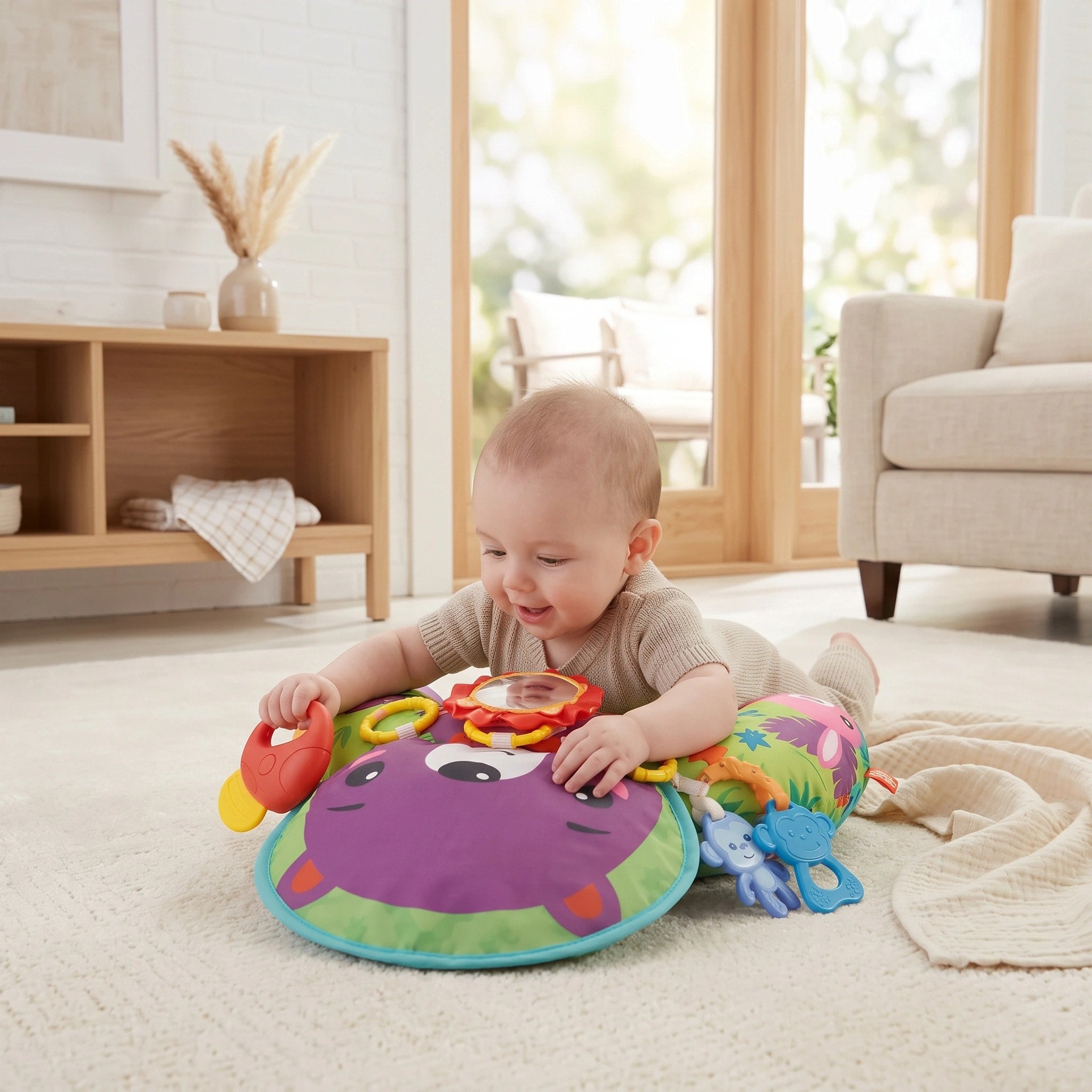 Coussin de soutien pour bébé en position sur le ventre avec arche de jeu, jouets sensoriels et tapis d'activité