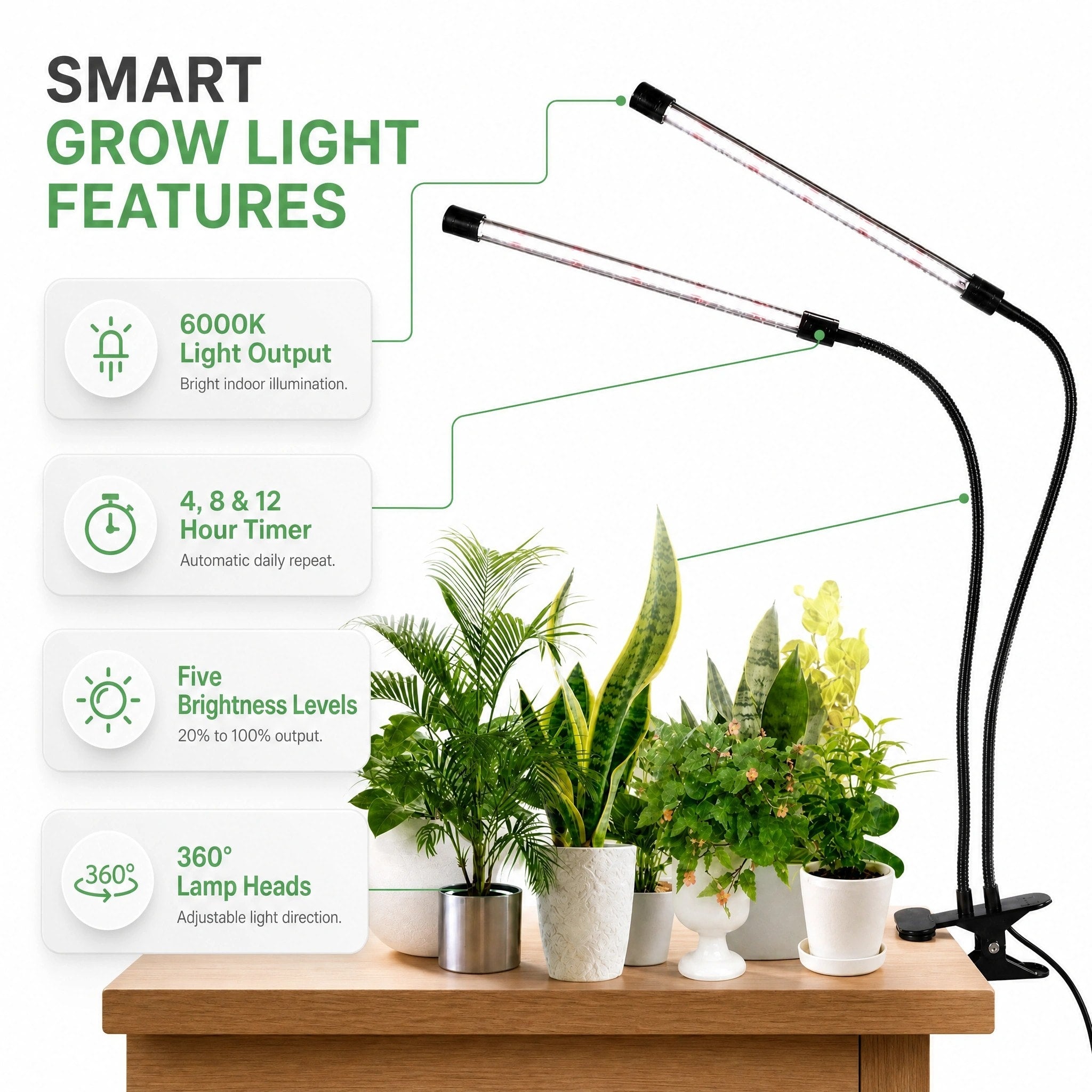 Clip-On Plant Grow Light with Timer and Dual Adjustable Gooseneck Arms