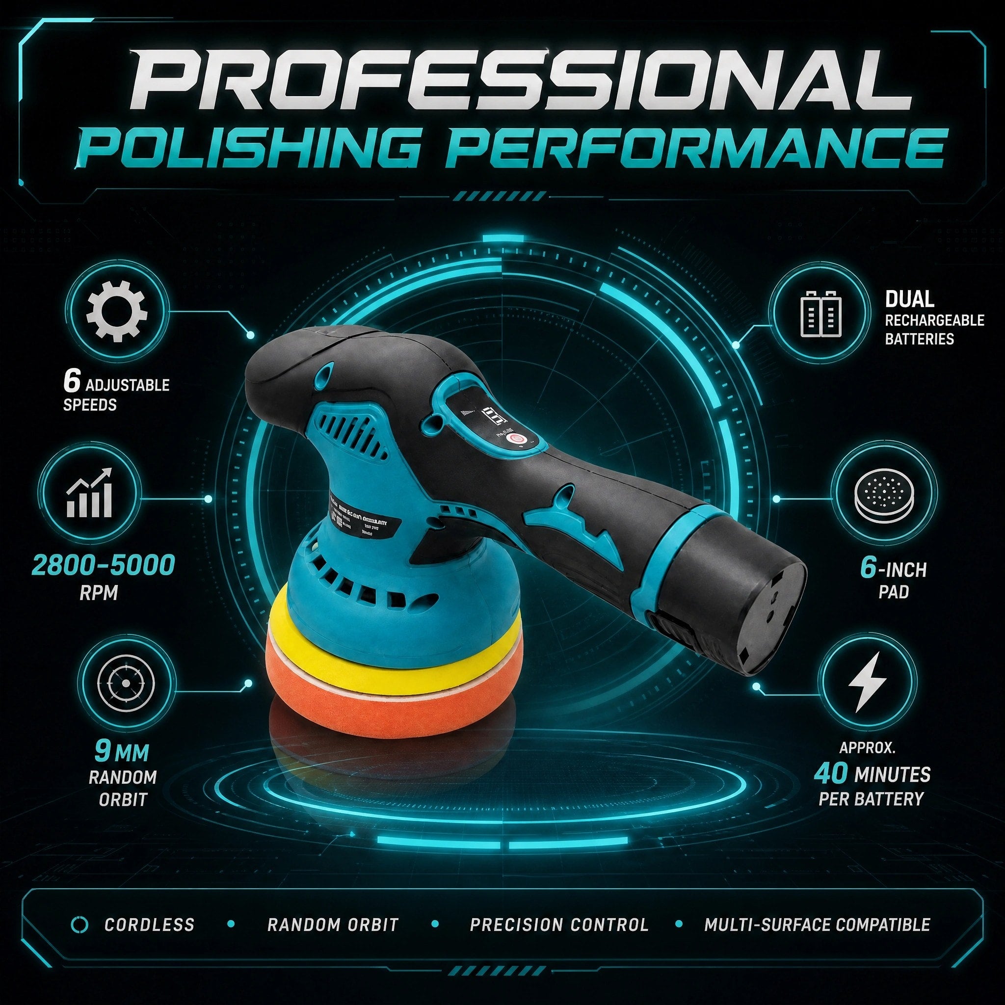 Cordless Car Polishing Machine with 9mm Orbit and Four Polishing Pads