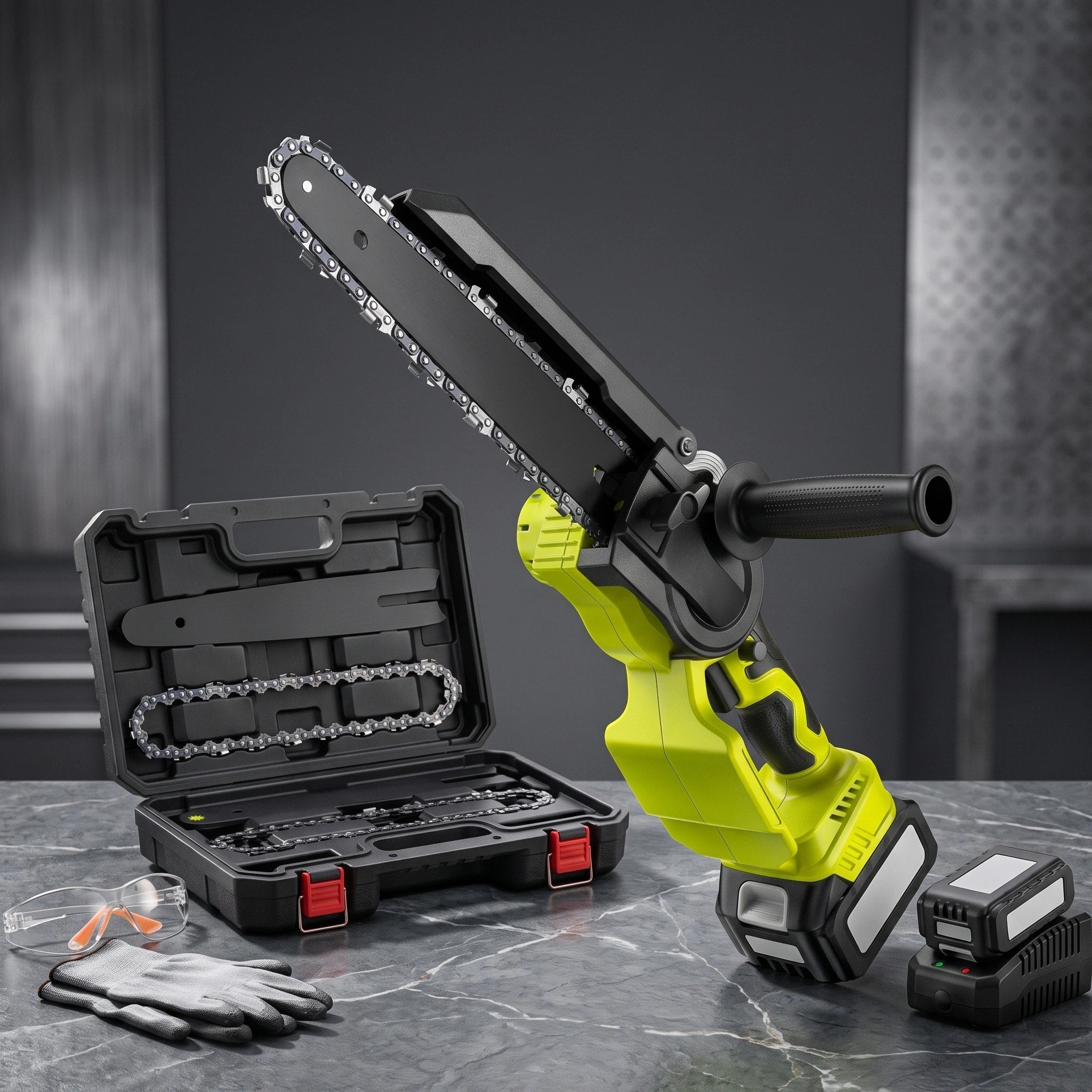 Cordless Mini Chainsaw with 6 and 8 Inch Guide Bars, Dual Batteries and Auto Oiling