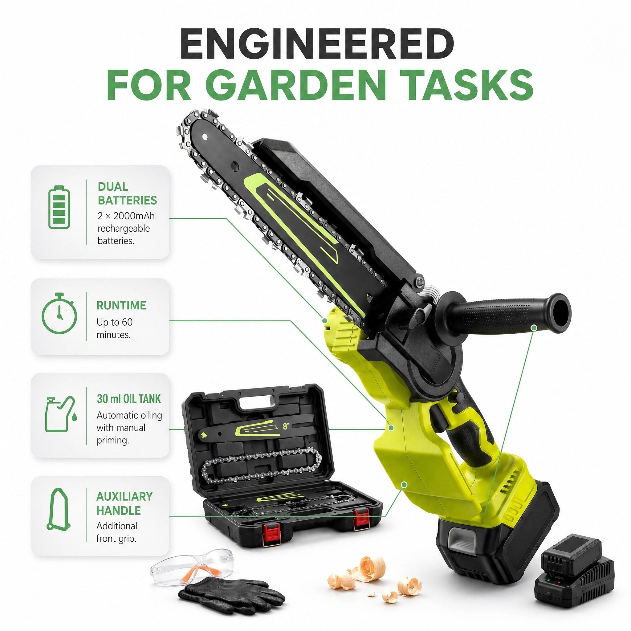 Cordless Mini Chainsaw with 6 and 8 Inch Guide Bars, Dual Batteries and Auto Oiling