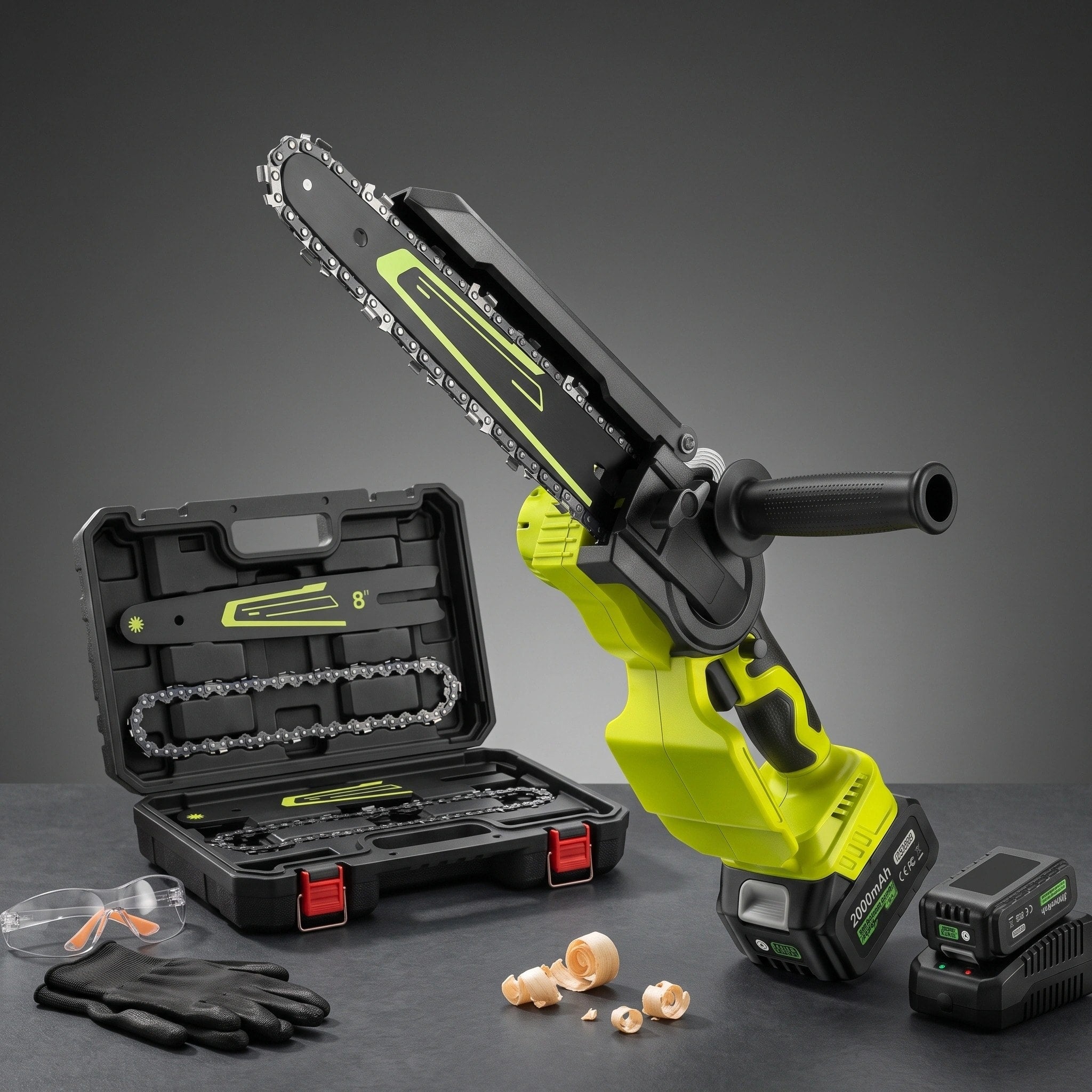 Cordless Mini Chainsaw with 6 and 8 Inch Guide Bars, Dual Batteries and Auto Oiling