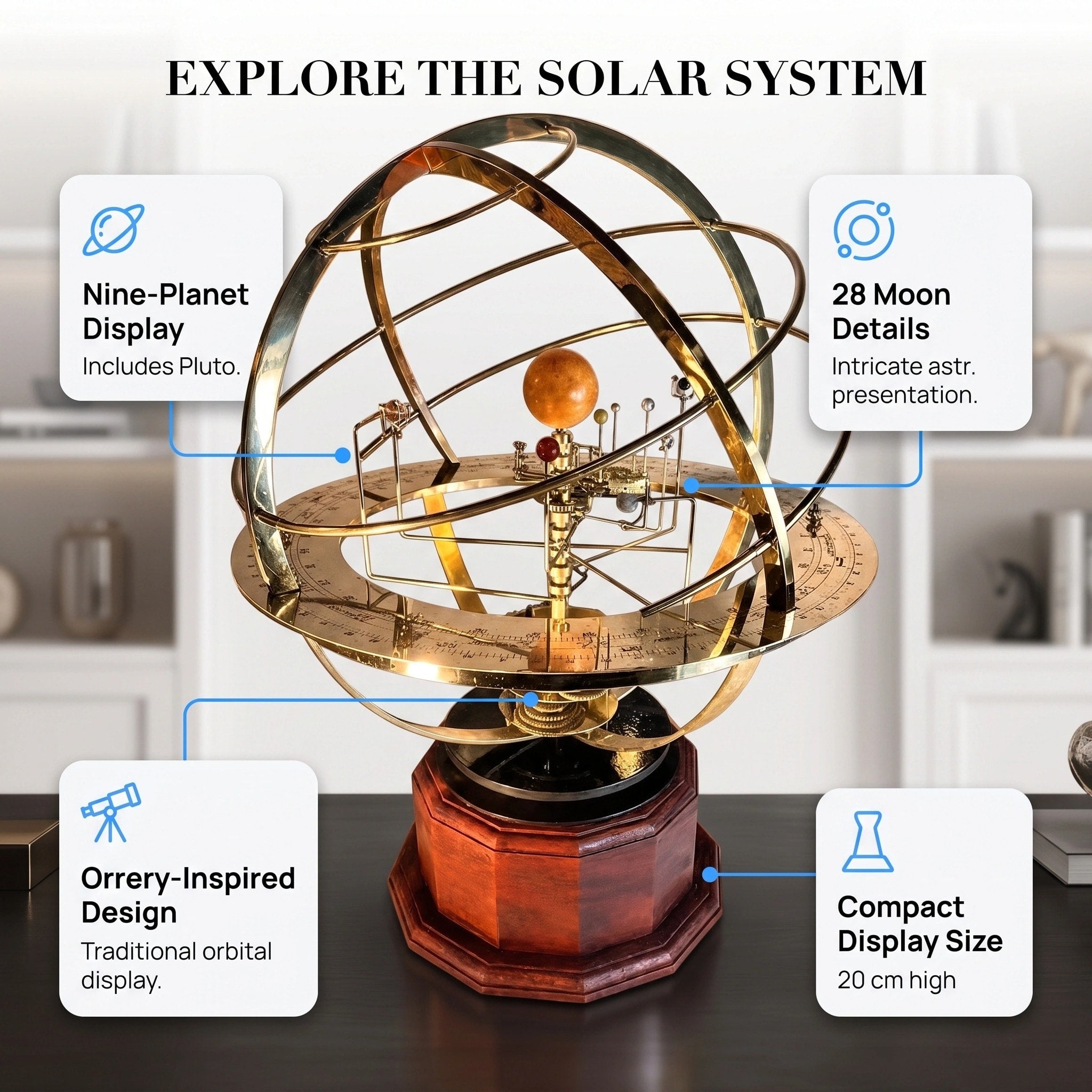 Decorative Solar System Orrery Model with 9 Planets and 28 Moons Display