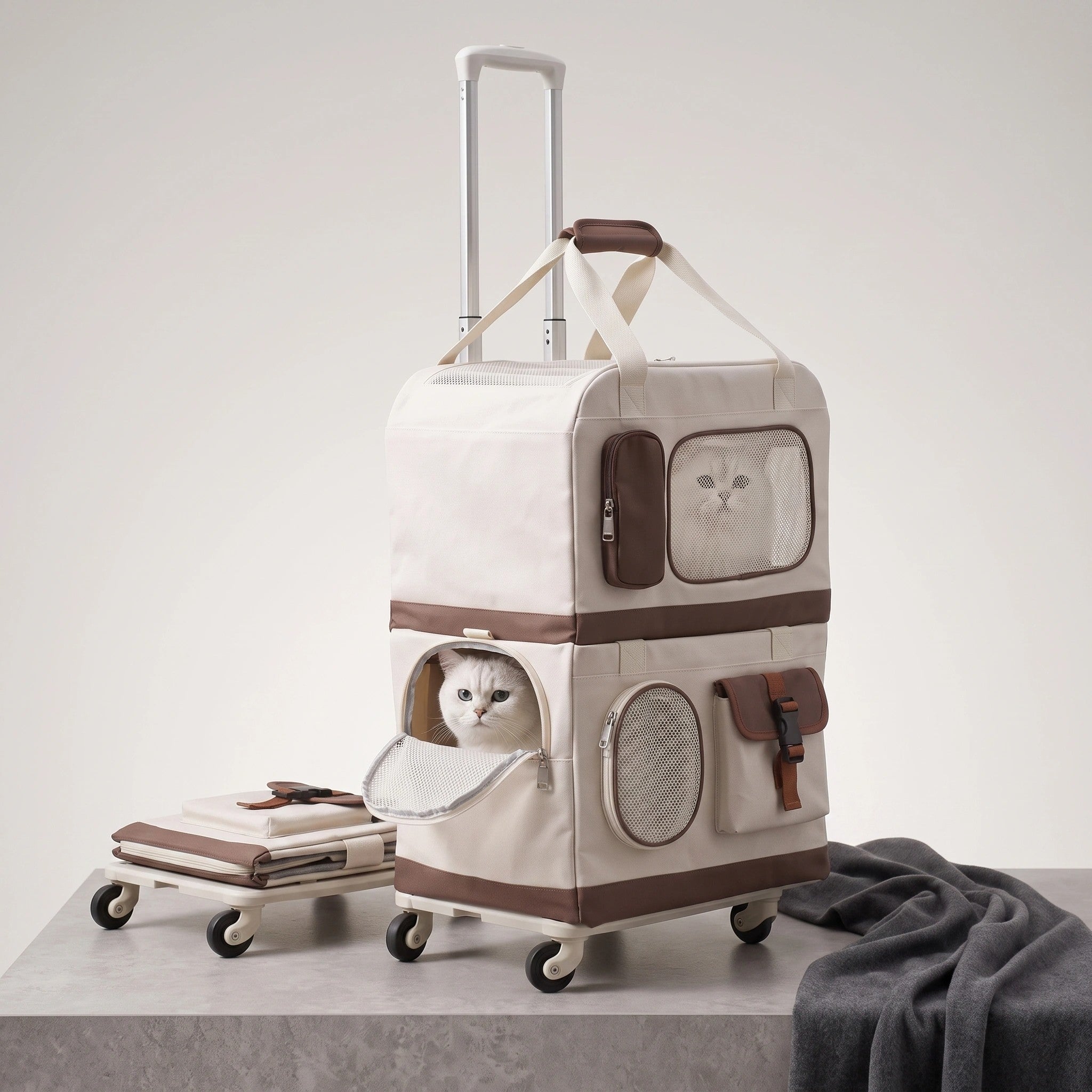 Double Layer Cat Carrier with Detachable Rolling Trolley and Mesh Panels