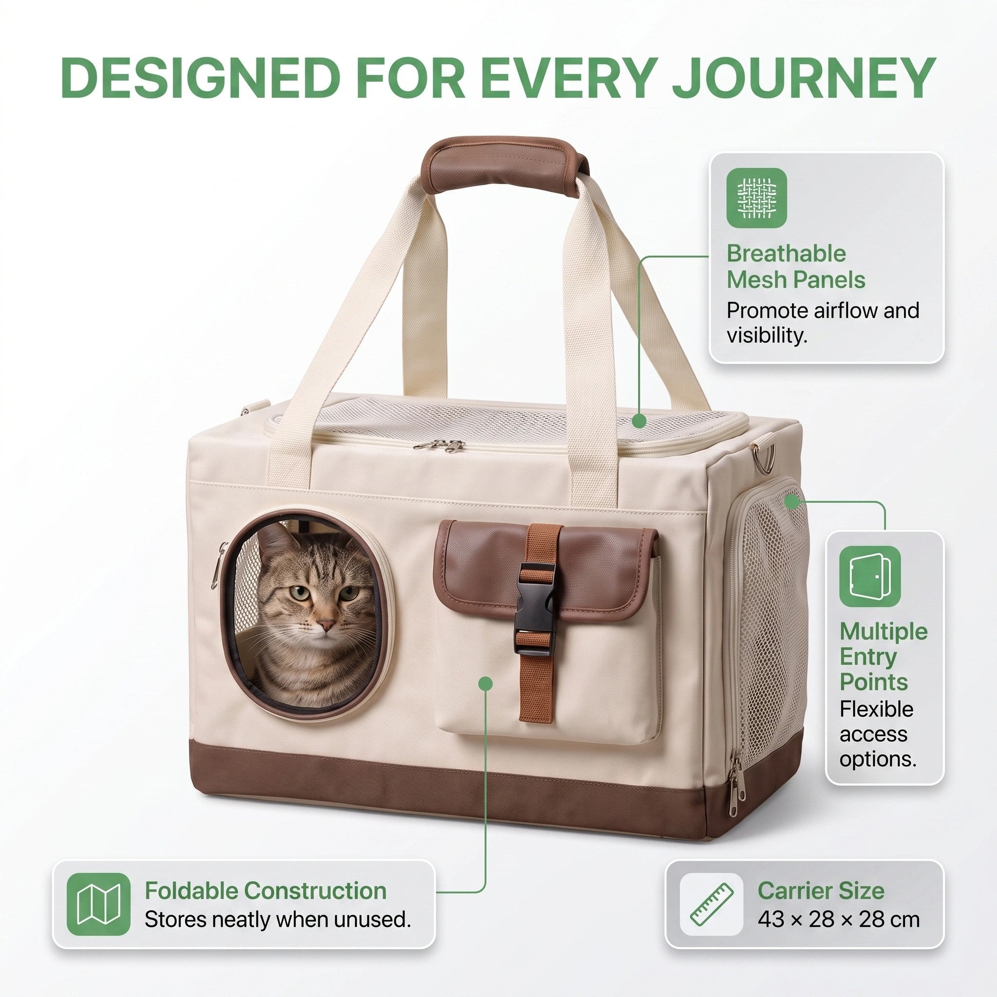 Double Layer Cat Carrier with Detachable Rolling Trolley and Mesh Panels