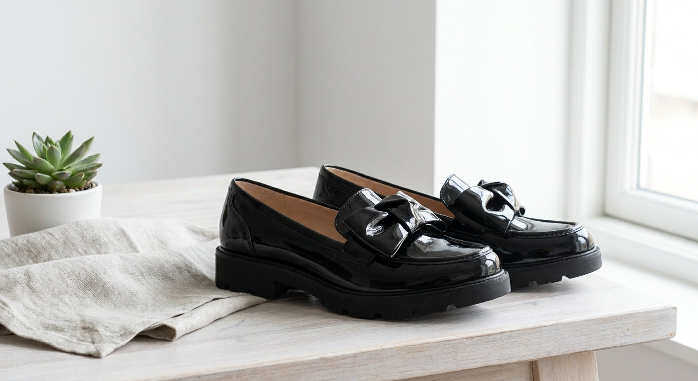 Women's Patent Leather Chunky Loafers | Elegant Slip-On Orthopedic Shoes with Bow Detail