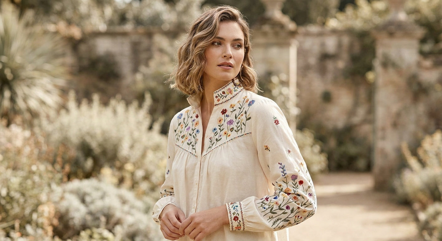 Women's Floral Embroidered Blouse | Structured Stand-Up Collar Top | Relaxed Fit Elegant Shirt