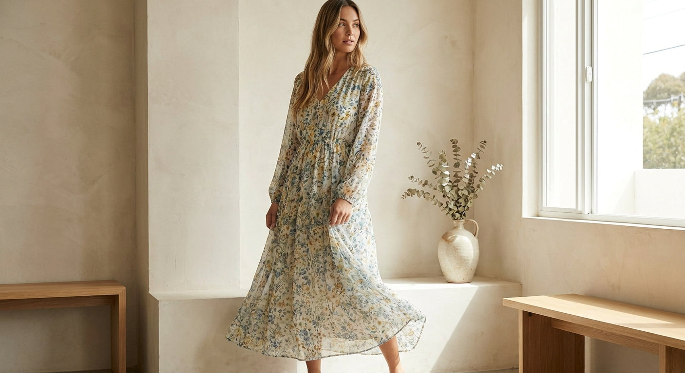 Women's Floral Chiffon Maxi Dress | Elegant Long Sleeve Summer Gown