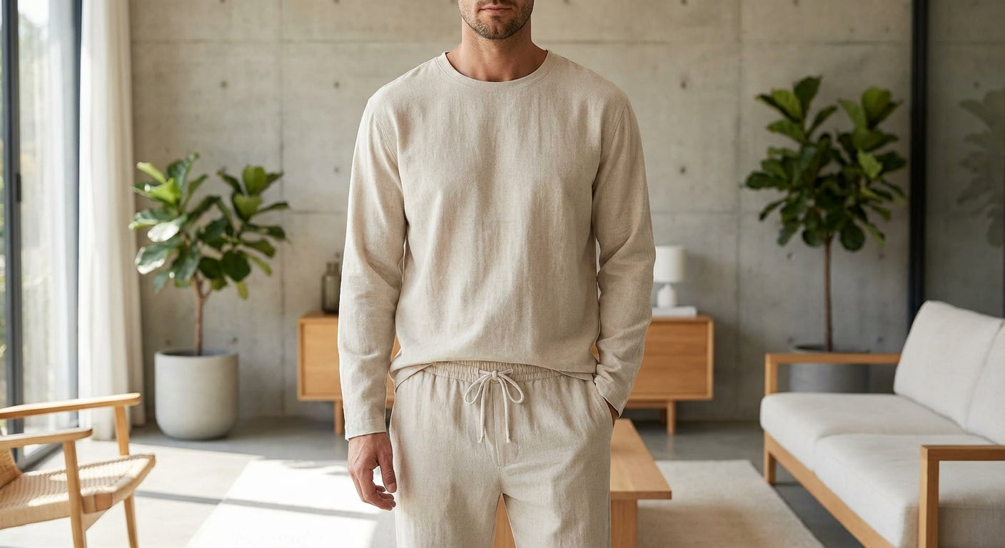 Men's Linen Blend Two-Piece Set | Relaxed Fit Long Sleeve Top and Drawstring Trousers