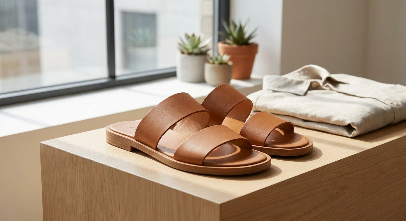Men's Minimalist Leather Slide Sandals | Stylish Wide Strap Casual Footwear