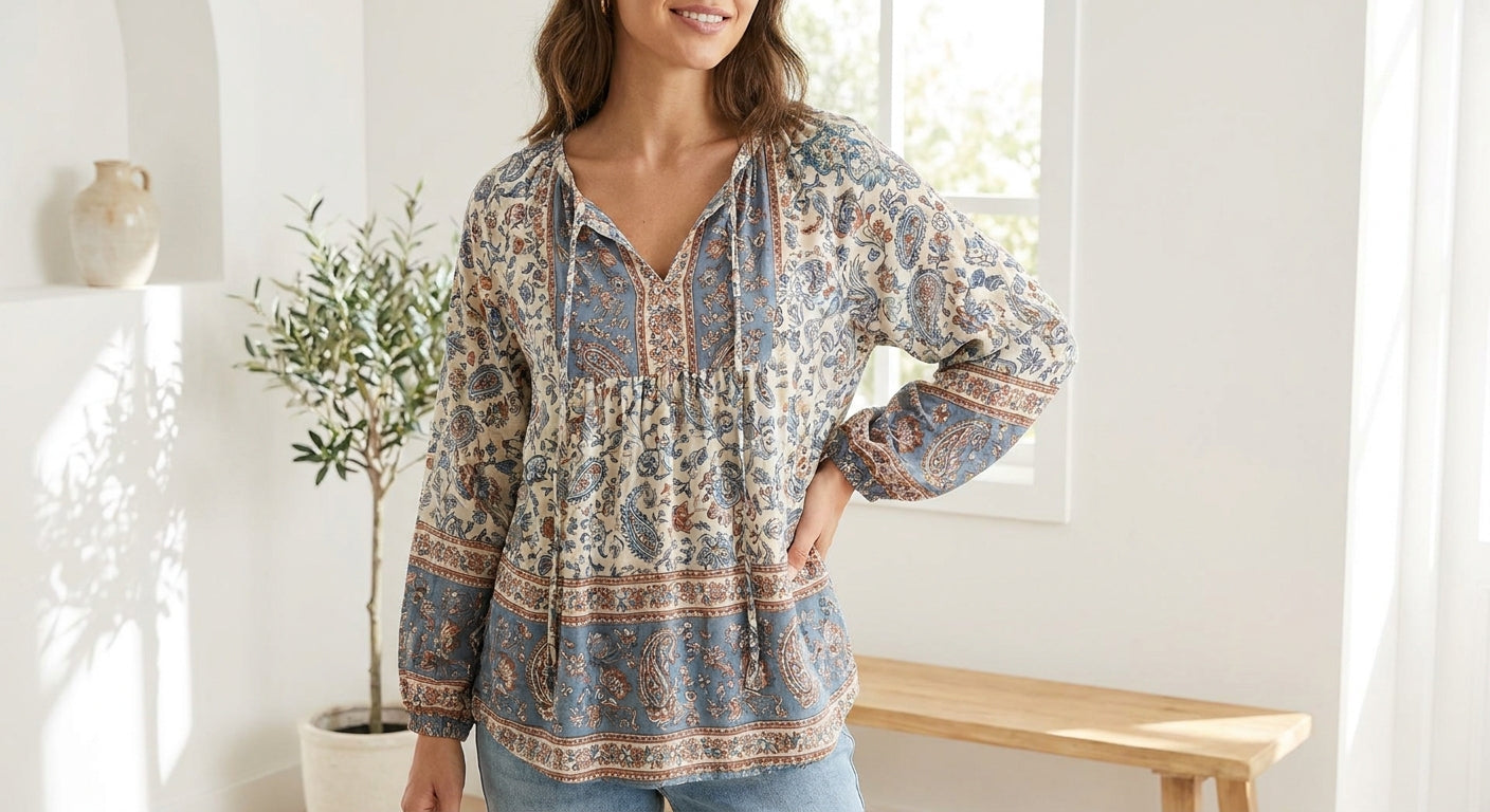 Women's Cotton Bohemian Print Blouse | Flowy Vintage V-Neck Summer Top