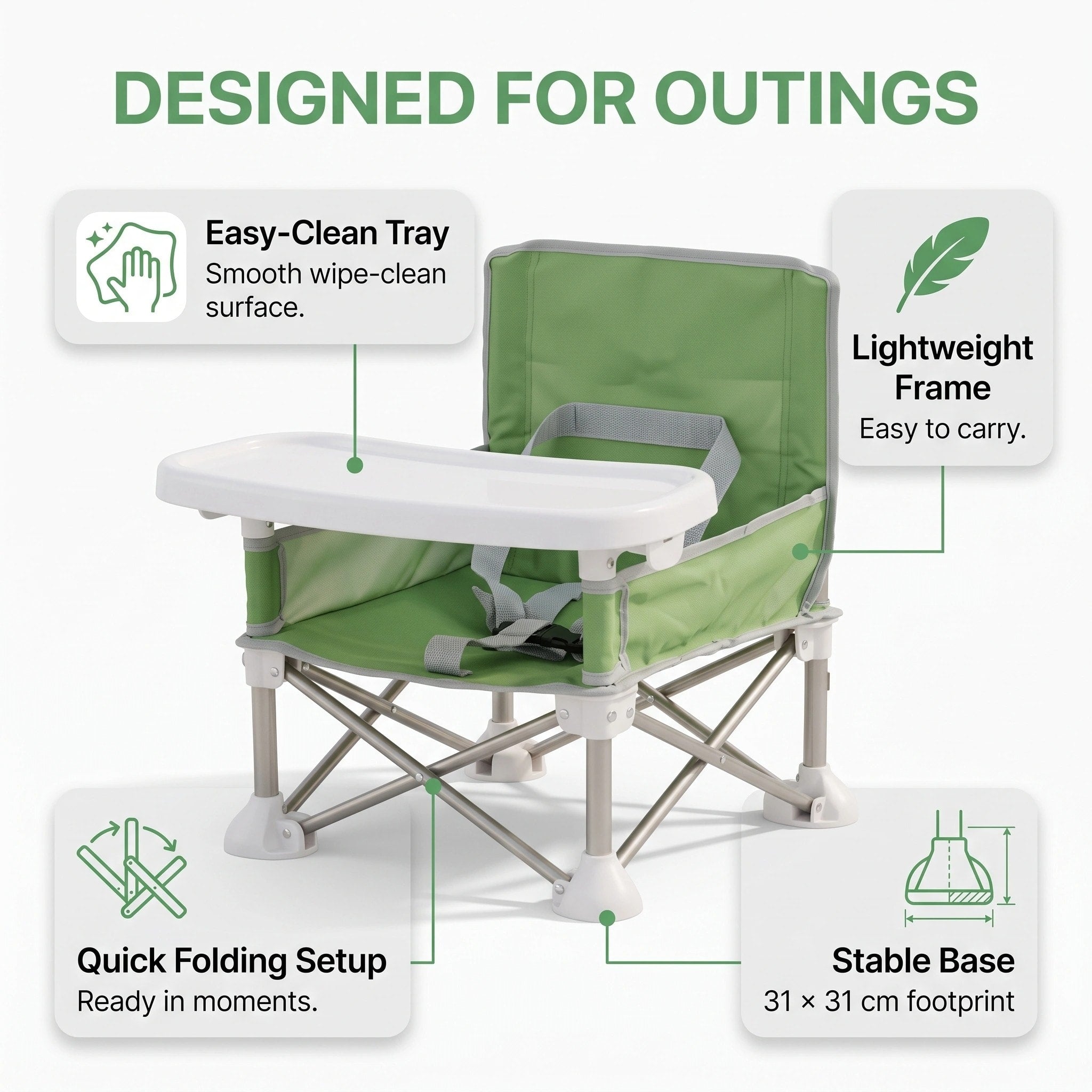Foldable Baby Camping Chair with Removable Tray and Safety Harness for Travel